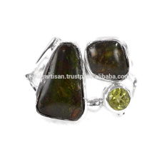 Natural Ammolite y Peridot Gemstone 925 Anillo de Plata de ley Joyería